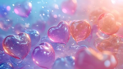  a group of pink and blue hearts floating in the air on a blue and pink background with bubbles in the air. - obrazy, fototapety, plakaty