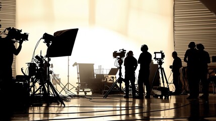 Behind the shooting production crew team and silhouette of camera and equipment in studio.