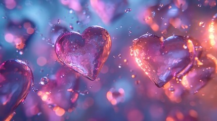  three hearts floating in the air on a blue and pink background with drops of water on the glass and on the ground.