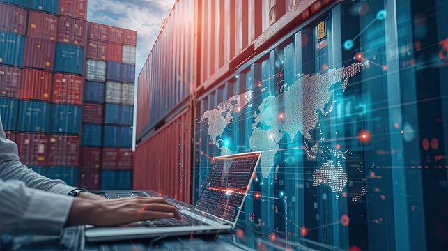 Business and technology digital future of cargo containers logistics transportation import export concept, Engineer using laptop online tracking control delivery distribution on world map background