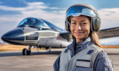 Portrait of a Caucasian female military fighter jet pilot with jet plane airfield background. - obrazy, fototapety, plakaty