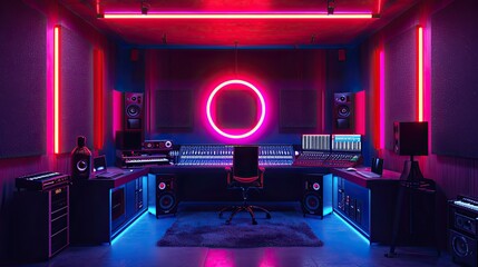 Contemporary recording studio with glowing neon lights and ring lamp with video camera mixer and...