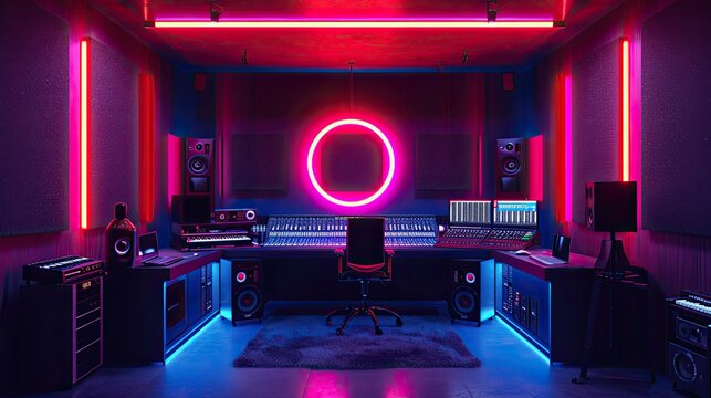 Contemporary recording studio with glowing neon lights and ring lamp with video camera mixer and computer with columns