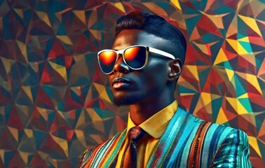 Handsome african american man in bright stylish clothes with retro futuristic studio background.