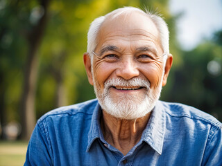 old man smile Copyscape. blurred park background
