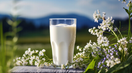 A glass of fresh milk placed on a wooden table, surrounded by delicate white wildflowers, with a pastoral landscape in the background.