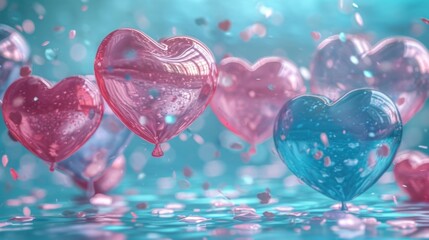  a group of heart shaped balloons floating on top of a blue and pink liquid filled surface with drops of water.