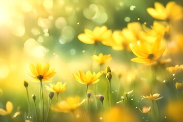 Fototapeta na wymiar Beautiful summer flowers, yellow petals and soft blurred bokeh background