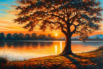 Oil painting on canvas - tree near the lake at sunset, wallpaper; decoration