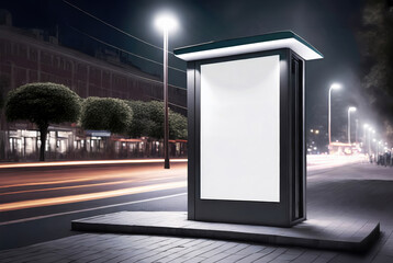 Blank white signboard or billboard on roadside bus stop in night time.