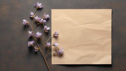 A simple and elegant composition of delicate purple flowers lying beside crumpled beige paper on a...