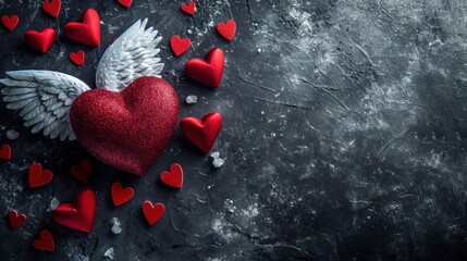  a red heart with angel wings surrounded by smaller red hearts on a black background with white wings and hearts scattered around it.