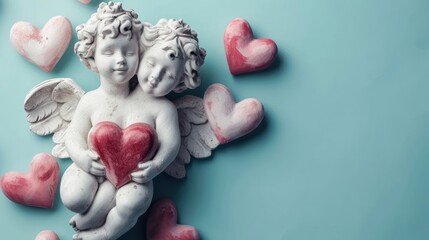  a statue of a cupid holding a heart surrounded by hearts on a blue background with pink and red hearts. - obrazy, fototapety, plakaty