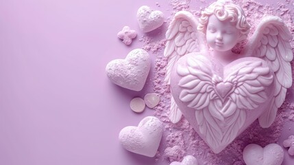  a pink heart with angel wings surrounded by white hearts on a purple background with scattered confetti around it.