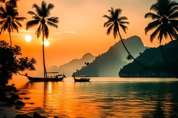 Nature Background. Scenic View Landscape Of Tropical Island Coast At Orange Sunset Over Beautiful Sea With Floating Boat And Palms Silhouette. Scenery. Travel To Thailand. Tourism. Summer Vacations