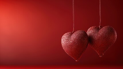  two red heart shaped ornaments hanging from a chain on a red background with a drop of water on each of them.