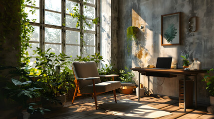 Modern Minimalist Home Office, Cozy and Bright, generative ai