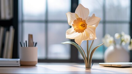  a white flower sitting on top of a wooden table next to a cell phone and a cup of pencils.