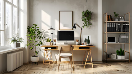 Modern Minimalist Home Office, Cozy and Bright, generative ai