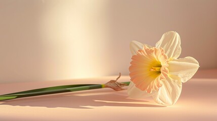  a yellow and white flower sitting on top of a table next to a long stem of green and white flowers.