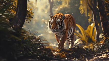Majestic Tiger Staring Intently in Lush Forest Environment.