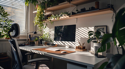 Modern Minimalist Home Office, Cozy and Bright, generative ai