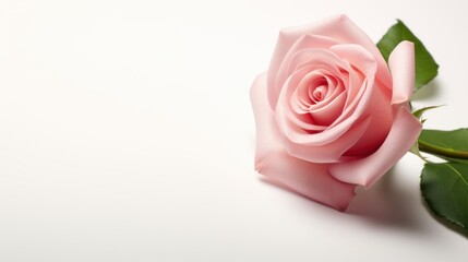 Single pink rose in soft focus on white. AI generated.