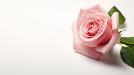 Fototapeta premium Single pink rose in soft focus on white. AI generated.