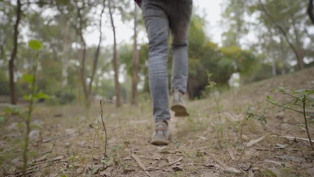 Young Boy Walking Tree Forest, Sad Boy Walking On Forest, legs of a person in a forest stock video