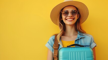  Young woman in yellow glasses, donning vibrant attire, ready to travel with a suitcase. A colorful portrayal of summer wanderlust and exploration. - obrazy, fototapety, plakaty