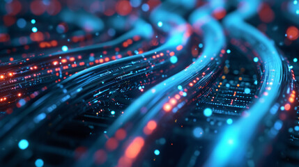 Glowing data cables transferring information background - obrazy, fototapety, plakaty