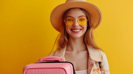  Young woman in yellow glasses, donning vibrant attire, ready to travel with a suitcase. A colorful portrayal of summer wanderlust and exploration.