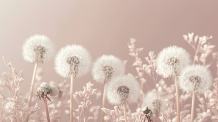  a bunch of dandelions in a field with a pink back ground and a pink wall in the background.
