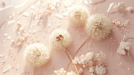  a group of dandelions sitting on top of a pink surface with drops of water on the dandelions.