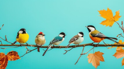  a group of birds sitting on top of a tree branch in front of a blue background with autumn leaves in the foreground.