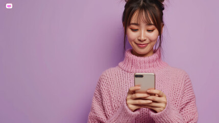 Under natural light The girl will radiate warmth and happiness. Her pink sweater complemented the bright smile on her face as she played on her phone. Capture modern moments of connection and happines