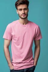 Caucasian male model wearing a pink blank tshirt for man with blue background