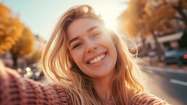 Selfie picture of a young happy healthy blonde woman, smiling girl for motivation and wellness, peace and hope