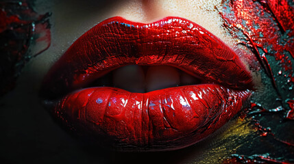Close-Up of Dark Red Lipstick Liquid Paint on Beautiful Women Lips Dripping Red Color