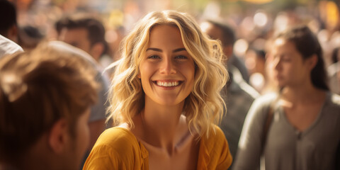 Obraz premium Beautiful blonde woman is smiling in front of large crowd of people, 
