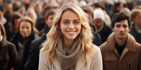 Beautiful blonde woman is smiling in front of large crowd of people, 
 - obrazy, fototapety, plakaty