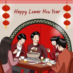 Happy Lunar New Year family dinner gathering illustration vector