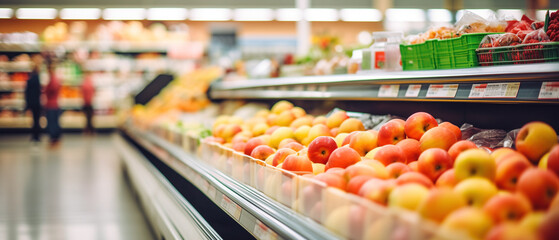 Abstract blur image of Shopping mall with bokeh. Supermarket aisle and shelves blurred background. Blurred bright out of focus interior of a spacious open grocery store with neatly arranged shelves.