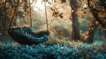  a swing chair sitting in the middle of a forest with blue flowers on the ground and trees in the...
