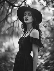  a black and white photo of a woman wearing a black dress and a hat with her hands on her hips.