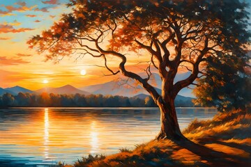 Oil painting on canvas - tree near the lake at sunset, wallpaper; decoration