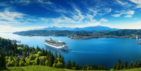 ship on the lake, boat on the lake, lake bled country, cruise ship on the water near a city in the style