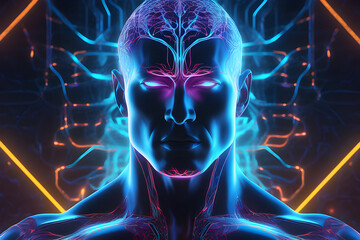 Muscular man with glowing veins in the brain concept