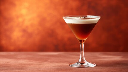  a close up of a drink in a wine glass on a table with a red wall in the back ground.