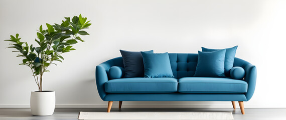 Blue sofa or snuggle chair and pot with branch. Interior design of modern living room.
